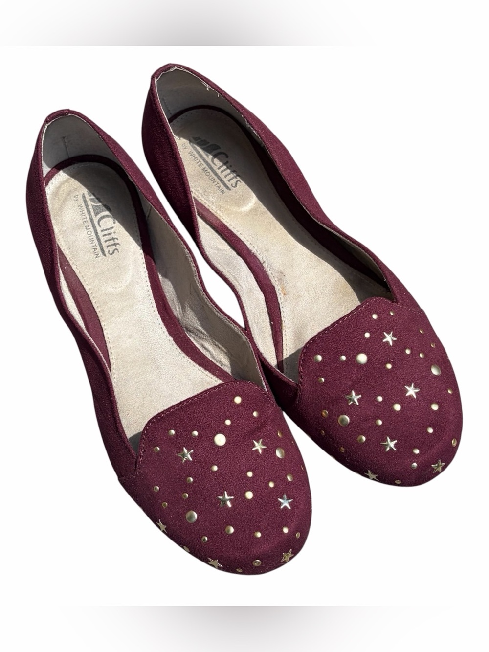 Burgundy Celestial Faux Suede Flats Loafers Women 10 Gold Metallic Studs Zodiac